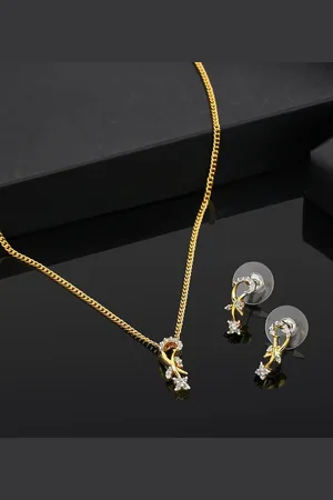 ESTELE Gold Plated CZ Flower Curl Designer Pendant Necklace Set