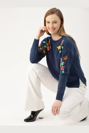 DressBerry Women Navy Blue Embroidered Pullover Sweater