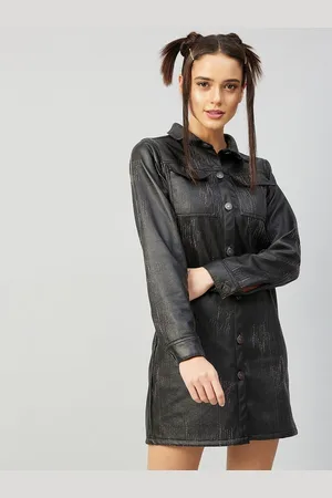 ATHENA Charcoal Black Leather Shirt Mini Dress