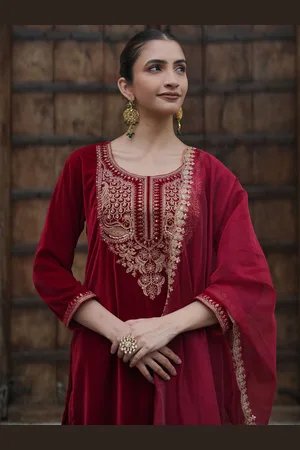 Indo Era Women Ethnic Motifs Embroidered Regular Velvet Kurta with Trousers & With Dupatta