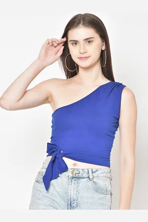 Cation Women Blue Solid Fitted Pure Cotton Top