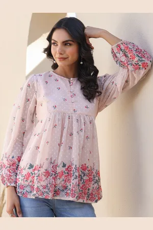 Janasya Floral Print Puff Sleeve Georgette Top