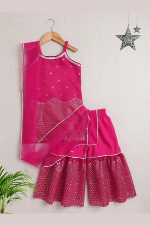 The Magic Wand Girls Geometric Printed Straight Kurta with Sharara & Dupatta