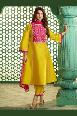 Bhama Couture Jennifer Winget Floral Cotton Silk A-Line Kurta With Trousers & Dupatta