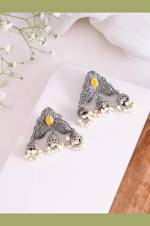 Dastoor Silver-Plated Oxidised Classic Jhumkas