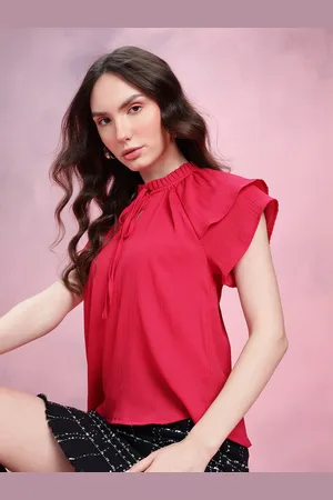 DressBerry Crinkled Effect Tie-Up Neck Flutter Sleeves Top with Ruffled Detail