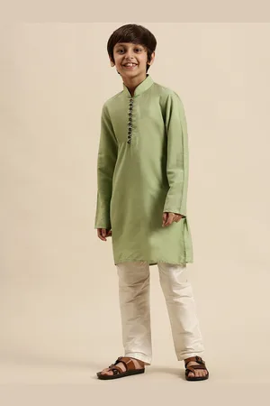 Sanwara Boys Green & Off White Cotton Silk Kurta with Pyjamas