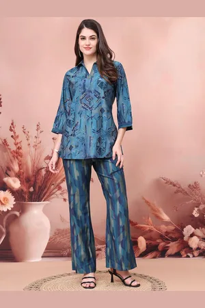 Claura Printed Shirt Collar Tunic With Trousers Co-Ords Set