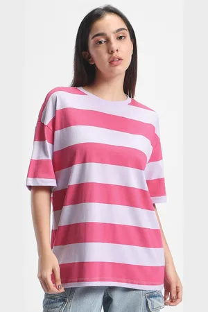 Bewakoof Off White & Pink Striped Oversized T-shirt