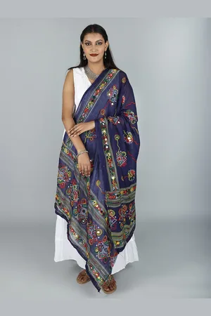 Exotic India Navy Hand-Embroidered Florals and Mirrors Pure Cotton Dupatta