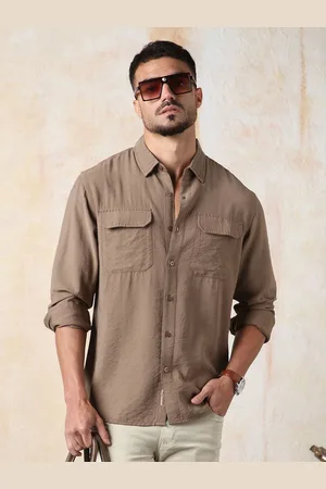 High Star Men Relaxed Fit Spread Collar Double Flap pocket utility Solid Textured Casual Shirt