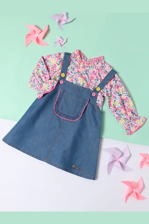 Nauti Nati Girls Denim Pinafore Dress With Floral Print Top