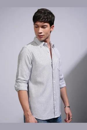 Highlander Men Spread Collar Vertical Striped Cotton Casual Shirt