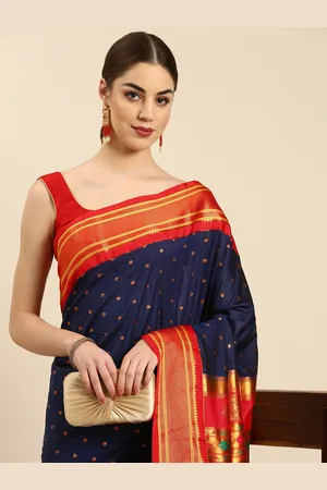 Varkala Silk Sarees Navy Blue & Red Ethnic Motifs Zari Silk Blend Paithani Saree