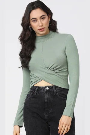 Tokyo Talkies Women Green Solid High Neck Wrap Crop Top