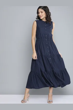 HERE&NOW Women Navy Blue Solid Tiered Maxi Dress