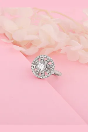 GIVA Rhodium-Plated 925 Sterling Silver Stone Studded Finger Ring
