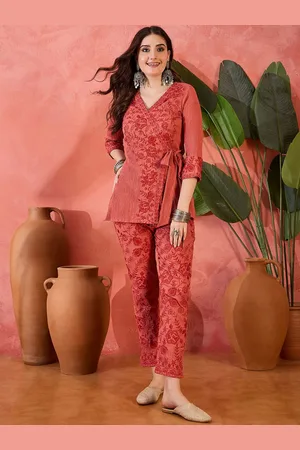 Sangria Floral Embroidered V Neck Tunic & Trousers Co-Ords