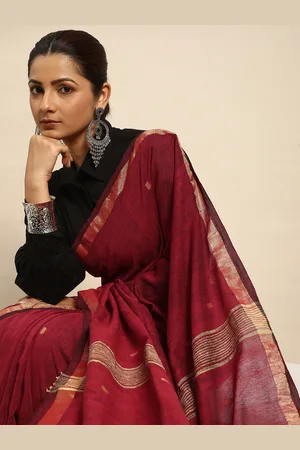 Taavi Handloom Cotton Zari Border Jamdani Inspired Saree with Attached Blouse