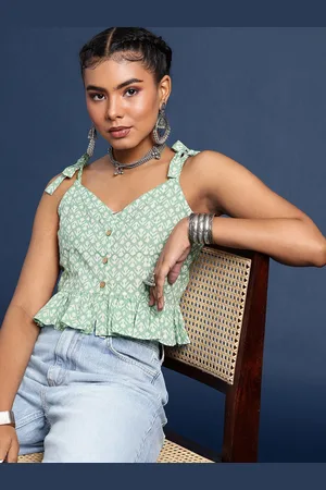 Taavi Hand Block Print Sweetheart Neck Ethnic Pure Cotton Peplum Crop Top