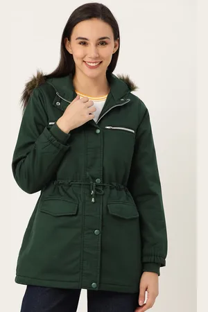 DressBerry Women Green Solid Longline Parka Jacket with Detachable Hood