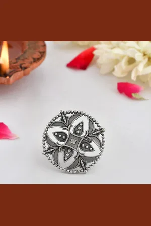Voylla Women Silver-Plated Oxidised Cutwork Design Statement Finger Ring
