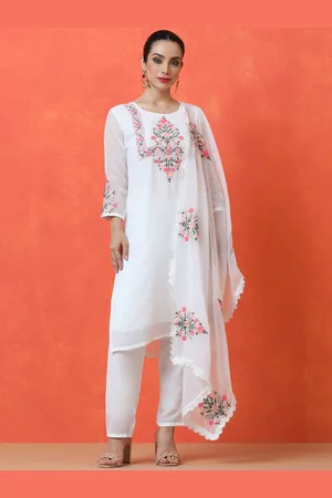 Jaipur Floral Embroidered Round Neck Straight Kurta With Trousers And Dupatta