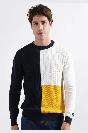 ICONIC Men Cotton,Cable Knit Colourblocked Pullover Sweaters