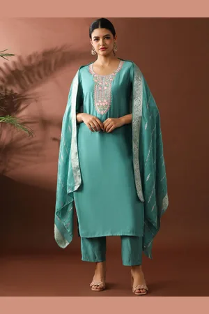Jaipur Women Floral Yoke Design Regular Thread Work Chanderi Cotton Kurta with Trousers & With Dupatta