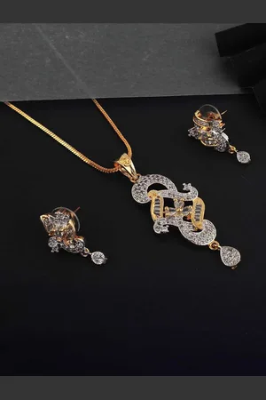 Lucky Jewellery 18K Gold Plated American Diamond Sterling Silver Necklace with Earrings
