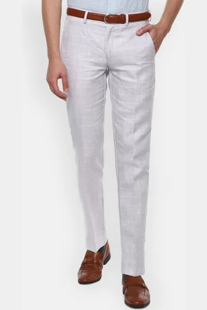 Louis Philippe Men Grey Checked Slim Fit Linen Trousers