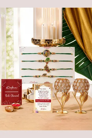eCraftIndia Set of 4 Designer Rakhis With 2-pcs Tea Light Holders