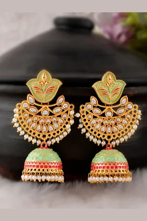 Dastoor Green & Red Gold-Plated Contemporary Jhumkas Earrings