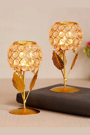 eCraftIndia Set Of 2 Gold-Toned Leaf Shape Crystal Tea Light Holder