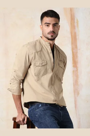 High Star Men Regular Fit Utility Heavy Washed Spread Collar Solid Cotton Casual Shirt