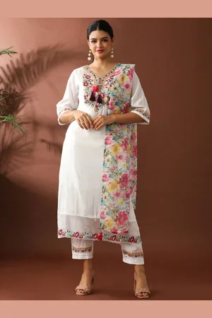 Jaipur Women Floral Embroidered Regular Thread Work Chanderi Cotton Kurta with Trousers & With Dupatta