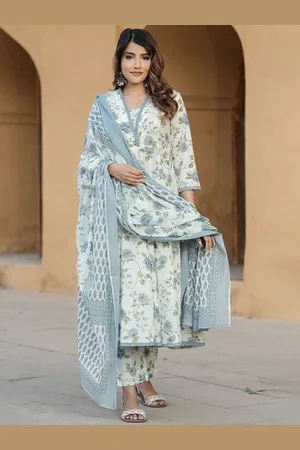 Ethnic Yard Floral Printed V-neck Pure Cotton Anarkali Kurta With Trouser And Dupatta