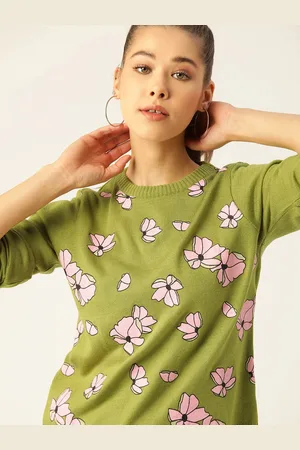 DressBerry Women Green & Pink Floral Print Acrylic Pullover Sweater