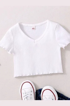 LULU & SKY Girls Striped V-Neck Pockets T-shirt