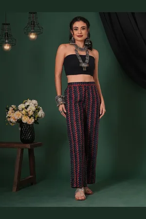 Globus Women Blue Cotton Chevron Print Mid-Rise Parallel Trousers