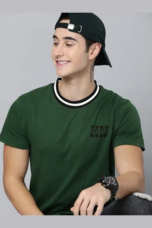 HERE&NOW Men Green Sports Printed Round-Neck Pure Cotton Casual T-shirt