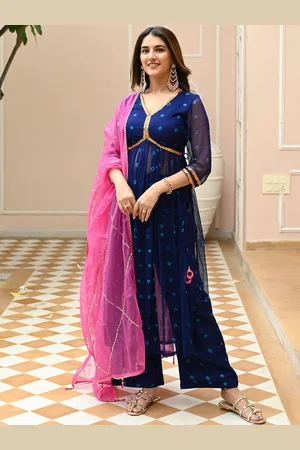 Bunaai Women Bandhani Printed Panelled Sequinned Kurta with Trousers & With Dupatta