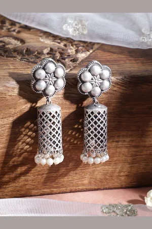 Rubans Women Oxidised Rhodium Plated Floral Jhumka Earrings