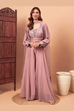 Chhabra 555 Sequin Embellished V-Neck Cape Sleeves Crop Top With Palazzo And Dupatta
