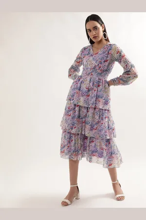 CENTRESTAGE Floral Printed Puff Sleeves Layered Fit & Flare Midi Dress