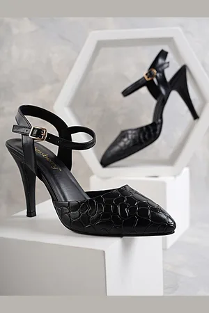 DressBerry Black Textured PU Stiletto Mules with Buckles
