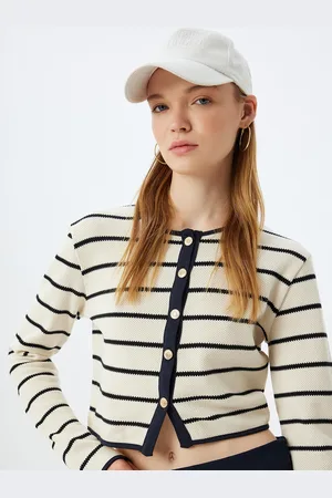 Koton Women Striped Crop Cotton Cardigan Sweater