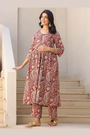 Janasya Women Paisley Printed Pleated Pure Cotton Kurta with Trousers