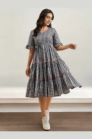 Azira Checked Cotton Empire Puff Sleeve Layered Fit & Flare Midi Dress