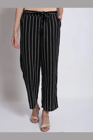 NoBarr Women Flared Striped Waist Belt Detailing Mid-rise Linen Casual Palazzos